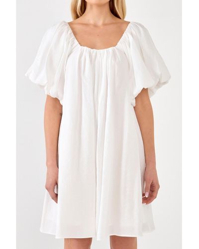 Endless Rose Pleated Detail Puff Sleeve Mini Dress - White