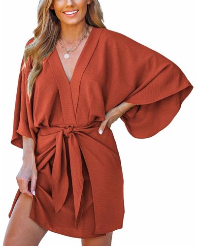 CUPSHE Light Brown V-neck Kimono Sleeve Mini Beach Dress - Red