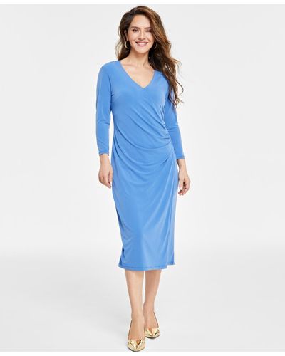 INC International Concepts Petite Surplice-neck Faux-wrap Dress - Blue
