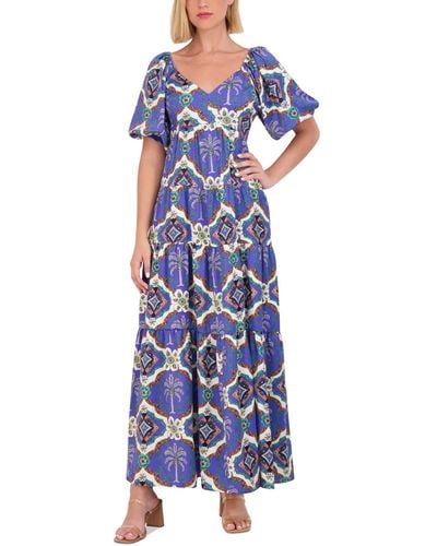 Vince Camuto Printed Puff-sleeve Maxi Dress - Blue