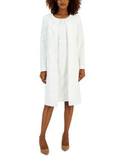 Kasper Jacquard Collarless Open Front Jacket Jacquard Texture Seamed Sheath Dress - White