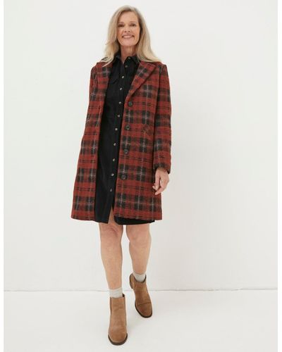 FatFace Tanya Wool Blend Check Coat - Red