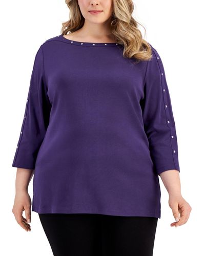Karen Scott Plus Size 3/4-sleeve Studded Boatneck Top - Purple
