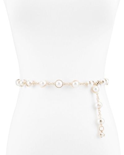 Sam Edelman Imitated Pearl Embellished Gold-tone Chain Dress Belt - White