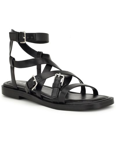 Nine West Rulen Square Toe Strappy Flat Sandals - Black