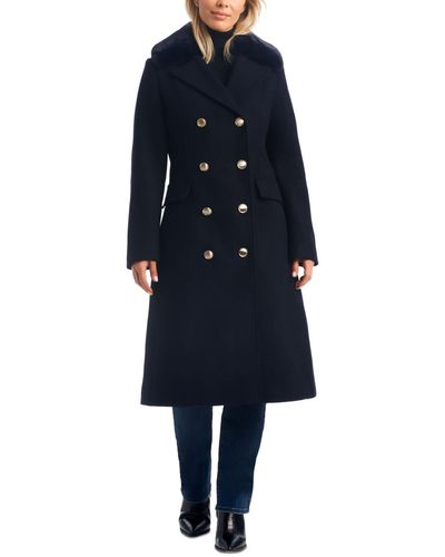 Vince Camuto Double-breasted Faux-fur-collar Wool Blend Coat - Blue