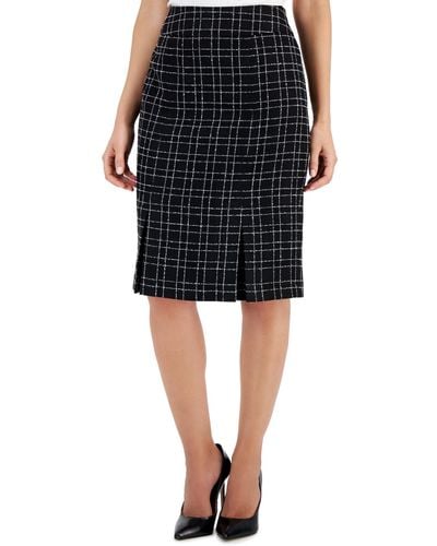 Kasper Petite Plaid Tweed Kick-pleat Pencil Skirt - Black