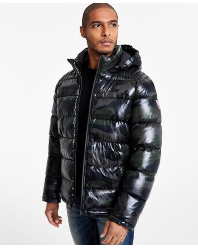 Black Shiny Puffer Jacket Mens with Hood
