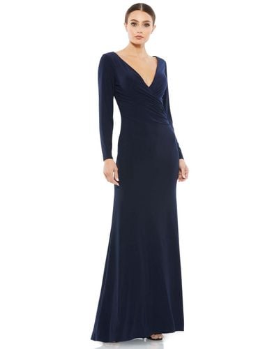 Mac Duggal Ieena Long Sleeve Ruched Jersey V-neck Gown - Blue