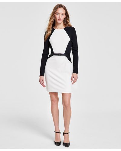 DKNY Colorblocked Belted Long-sleeve Dress - White