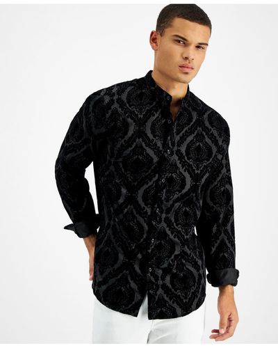 INC International Concepts Flocked Baroque Band-collar Shirt, Created For Macy's - Black