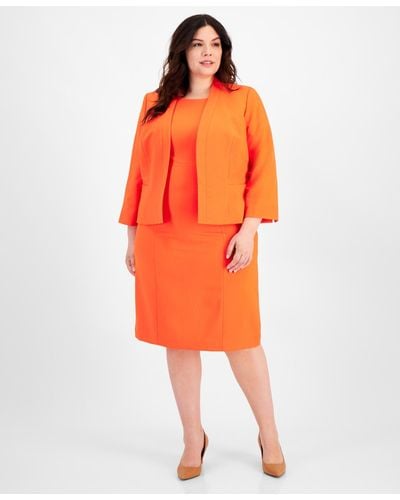 Le Suit Plus Size Crepe Open Front Jacket And Crewneck Sheath Dress Suit - Orange