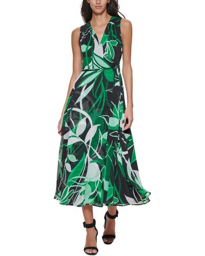 Calvin Klein Petite Surplice-neck Sleeveless A-line Dress - Green