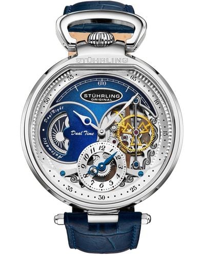 Stuhrling Automatic Dual Time Alloy Case Skeleton Dial Alligator Embossed Genuine Leather Strap Watch - Blue