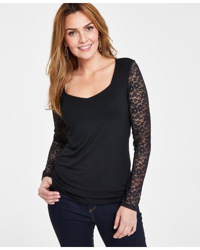 INC International Concepts Lace-sleeve Top - Black