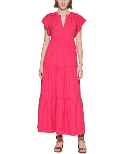 Calvin Klein Petite V-neck Short-sleeve Tiered Maxi Dress - Pink
