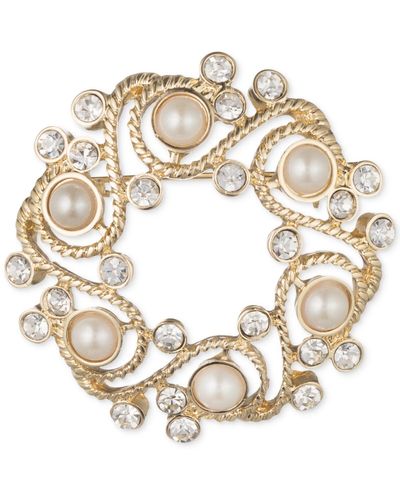 Anne Klein Gold-tone Imitation Pearl And Crystal Wreath Pin - Metallic