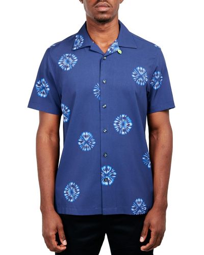 Society of Threads Slim-fit Non-iron Performance Stretch Abstract Floral-print Button-down Camp Shirt - Blue