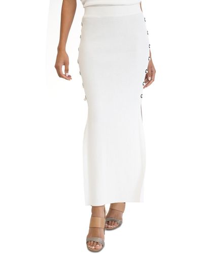 Adrienne Landau Rib-knit Lace-up Side-slit Maxi Skirt - White