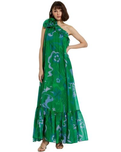 Mac Duggal Printed Chiffon One Shoulder Rose Ruffle Gown - Green