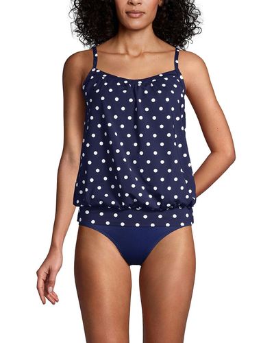 Lands' End Plus Size Blouson Tummy Hiding Tankini Swimsuit Top Adjustable Straps - Blue
