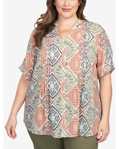 Ruby Rd. Plus Size Woodblock Diamond Print Button Front Top - Multicolor