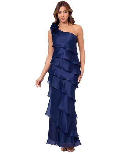 Xscape Tiered Chiffon One-shoulder Dress - Blue