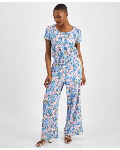 BarIII Petite Floral Short Sleeve Top Wide Leg Pants Created For Macys - Blue
