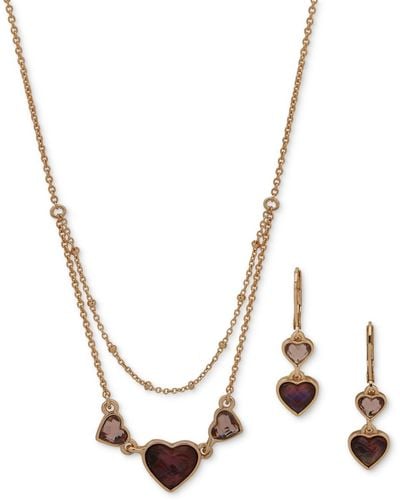 Anne Klein Silver-tone Stone Heart Layered Statement Necklace & Drop Earrings Set - Metallic