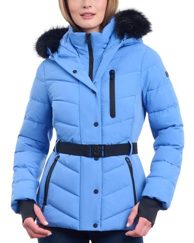 Michael Kors Belted Faux-fur-trim Hooded Puffer Coat - Blue