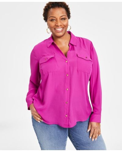 INC International Concepts Plus Size Long-sleeve Button-front Blouse - Pink