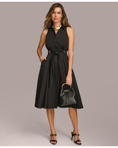 Donna Karan Sleeveless Cotton Fit & Flare Shirtdress - Black