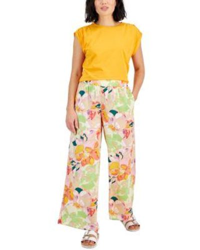 BarIII Petite Ruched Shoulder Knit Top Floral Wide Leg Pull On Pants Created For Macys - Orange