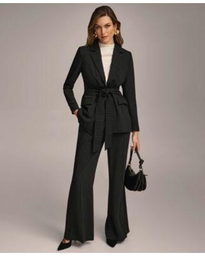 Donna Karan Tie Front Pinstripe Blazer Wide Leg Pant - Black