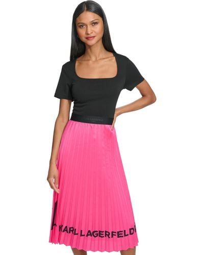Karl Lagerfeld Square-neck Pleated Logo Dress - Pink
