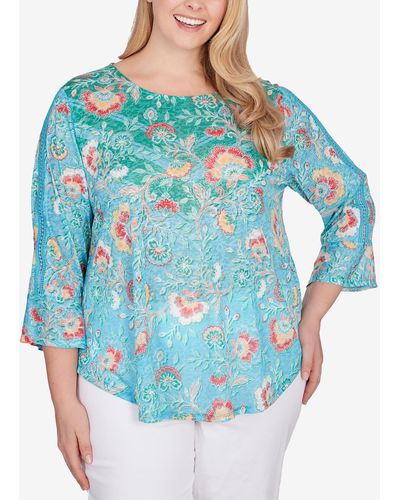 Ruby Rd. Plus Size Triopical Chevron Lace Sleeve Top - Blue