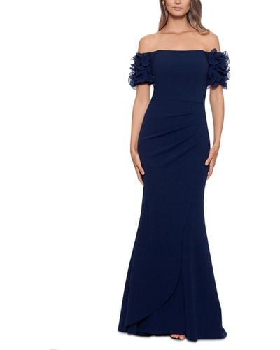 Xscape Petite Off-the-shoulder Ruffled-sleeve Gown - Blue