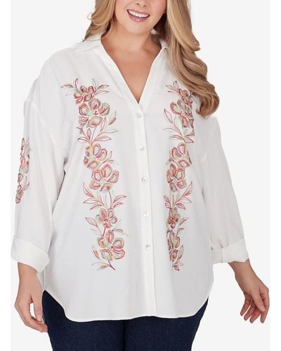 Ruby Rd. Plus Size Solid Embroidered Crepe Top - White