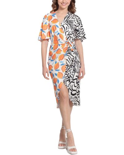 Donna Morgan Mixed-print Belted Wrap Dress - White