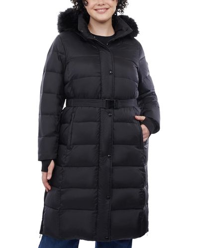 Michael Kors Michael Plus Size Shine Belted Faux-fur-trim Hooded Puffer Coat - Black