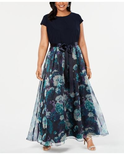 Sl Fashions Plus Size Floral-skirt Gown - Blue