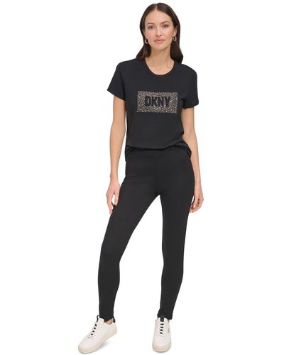 DKNY Studded-logo Crewneck Short-sleeve Top - Black