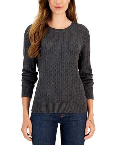 Karen Scott Cotton Crewneck Cable Sweater - Black