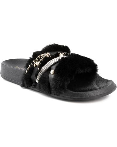 Juicy Couture Styx Faux Fur Slide Sandals - Black