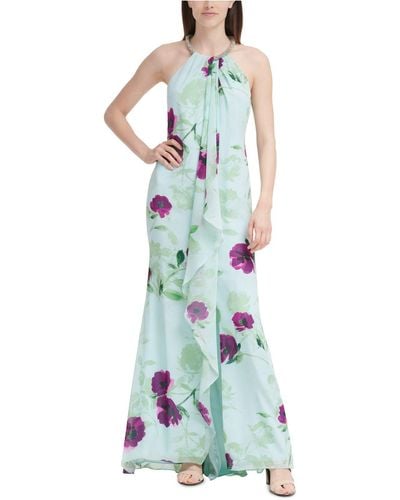 Calvin Klein Floral-print Cascade Gown - Green