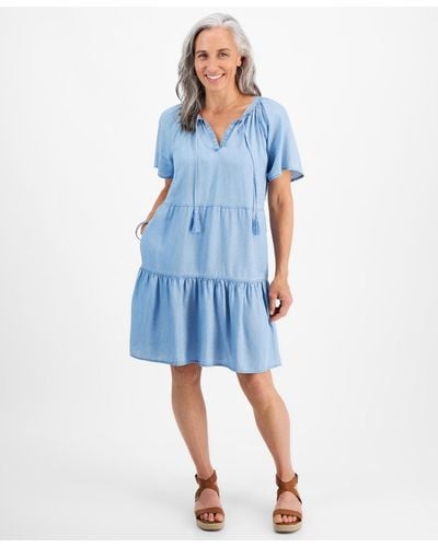 Style & Co. Petite Tiered Chambray Dress - Blue