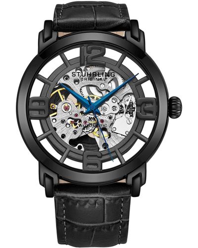 Stuhrling Automatic Alligator Embossed Genuine Leather Strap Watch 44mm - Black