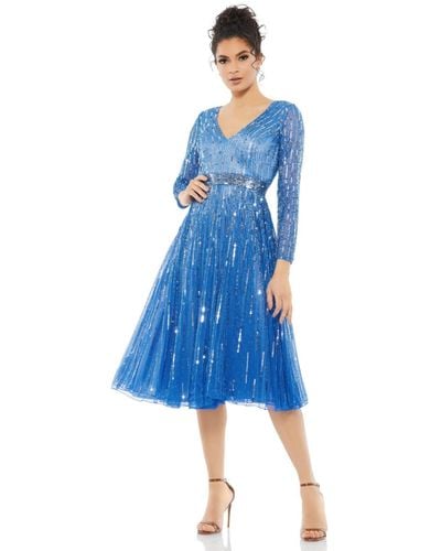 Mac Duggal Long Sleeve Tea Length Dress - Blue