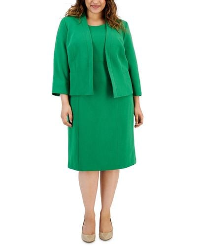 Le Suit Plus Size Crepe Open Front Jacket And Crewneck Sheath Dress Suit - Green