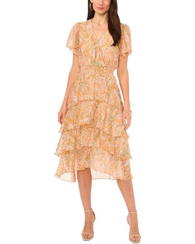 Vince Camuto Printed Smocked-waist Faux-wrap Tiered Midi Dress - Multicolor